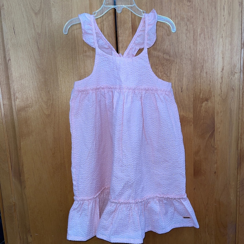 NEW Tahari Girls Pink Sleeveless Seersucker Metallic Ruffles Dress 6